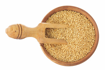 Amaranth grain seeds in wooden scoop and bowl isolated on white background. Top view. Flat lay