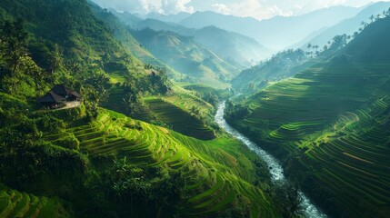 Lush Green Rice Terraces in Mountains with River