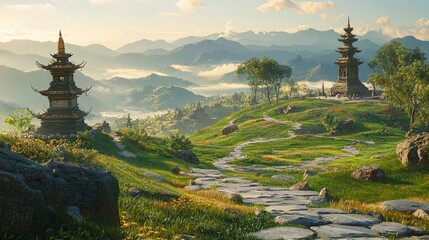 Asian Pagoda Temple in Mountain Landscape with Stone Path and Green Grass