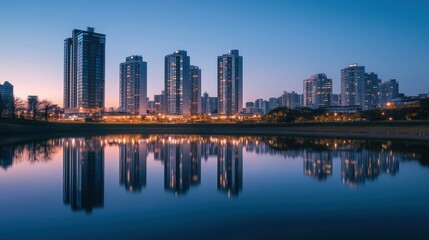 Fototapeta premium A serene cityscape reflecting on water during twilight.