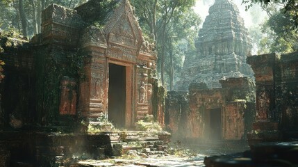 Ancient Stone Temple Ruins Overgrown with Lush Jungle Foliage