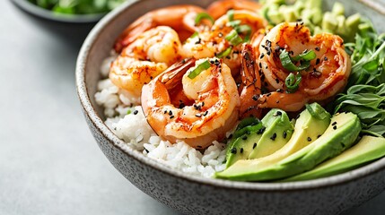 Poke bowl featuring a few simple ingredients like shrimp, avocado and rice, on a smooth, neutral-colored tabletop