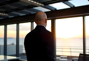 A bald man wearing a navy blazer, standing with his back to the camera in a well-lit office create with ai