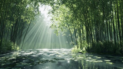 Obraz premium Sunbeams Through Lush Bamboo Forest With Pond And Lily Pads