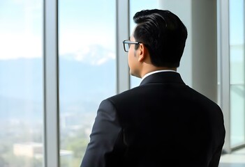 Fototapeta premium A South Asian man with neatly combed black hair, dressed in a black suit, standing with his back to the camera in a contemporary office create with ai