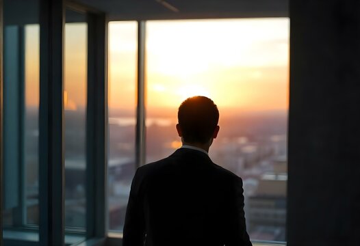 A Middle-Eastern man with short black hair, wearing a formal suit, standing with his back to the camera in a modern office create with ai