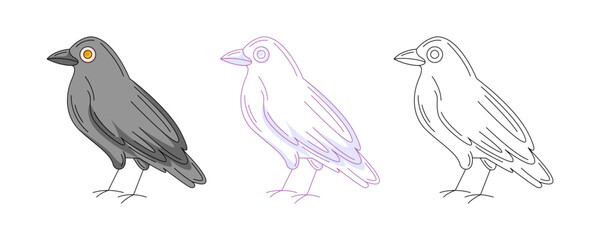 Black raven or crow, colorful and line icons set. Traditional halloween symbol, bird. Vector flat icon, monochrome purple, color, outline illustration. For logo, sticker, coloring book, label