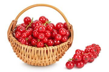 Red currant berries in a wicker basket isolated on white background