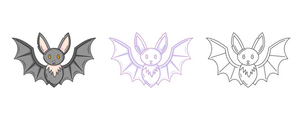 Bat, colorful and line icons set. Traditional halloween mystic symbol, flying wild animal. Vector flat icon, monochrome purple, color, outline illustration. For logo, sticker, coloring book, label