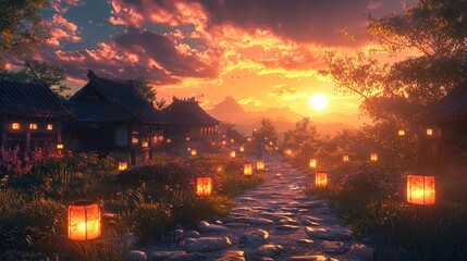Japanese Village Sunset with Stone Path and Lanterns