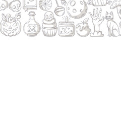 Halloween minimalist vector square poster, space for text. Upper frame with spooky, scary gray icons from zombie hand, cat, sweets, pumpkin. For card, banner, invitation, social media, party or note