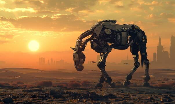 Animal robot walking through desert. A futuristic landscape with a silhouetted city on the horizon. Apocalyptic nature. A robotic mechanical cyborg horse or camel. A tired Bionicle horse with