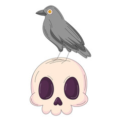 Halloween vector illustration. Raven on the skull. Holiday october square card for social media, celebration, sticker, greeting card or poster. Scary and spooky composition, white isolated background