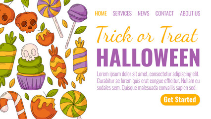 Halloween landing page vector template. Holiday flat side border frame, colorful sweets icons. Candy cane, lollipop, skull shape cherry, cupcake. For website, web page, online, banner, party.