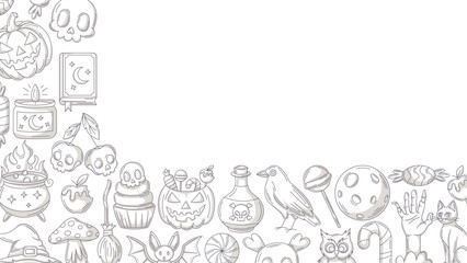 Halloween minimalist banner, horizontal background with spooky, scary icons. Flat vector illustration, monochrome gray corner border frame, space for text. For festival, party, invitation, poster