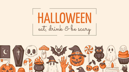 Halloween banner, horizontal background with spooky, scary icons. Flat vector illustration, colorful bottom border frame, holiday text. For postcard, festival, party, invitation, poster or flyer