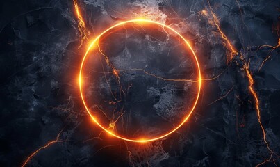 Dark grunge marble background and orange glowing neon circle frame.