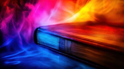 Obraz premium A close-up of a book with vibrant, swirling colors in the background, suggesting creativity.