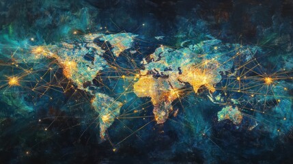 A World Map with Glowing Lines and Spots, Abstract Art