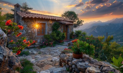 Flowers blooming at sunset. Stone house on a mountain with a small courtyard