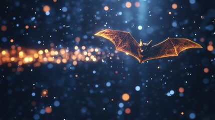 A glowing bat in a starry background, creating a mystical atmosphere.