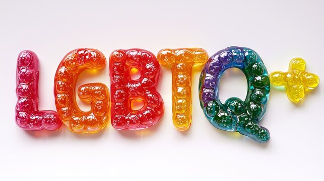Colorful Gummy Letters Spelling out LGBTQ+ on a White Background for Awareness and Celebration