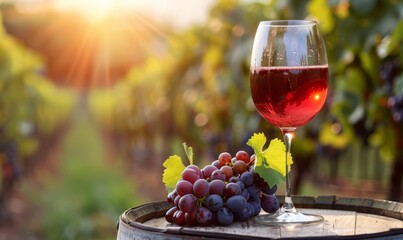 Glass of red wine and bottle, on a wine barrel. Vineyard background