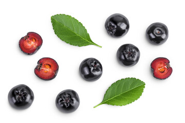 Chokeberry with leaf isolated on white background. Black aronia. Top view. Flat lay
