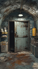 Underground bunker shelter with reinforced doors and eerie atmosphere