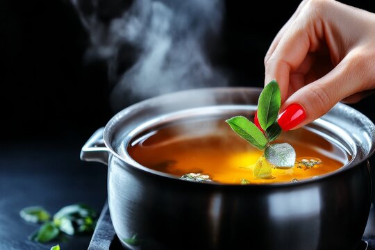 A hand with red nails stirring a pot of fragrant tea, with the steam wafting up as the tea brews