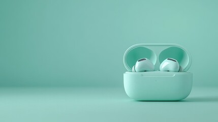 A pair of wireless earbuds inside a mint-colored charging case on a matching background.