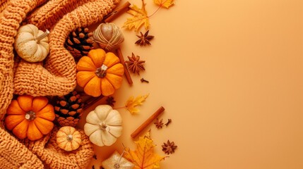 Autumn Arrangement Featuring Pumpkins, Cinnamon Sticks, Pine Cones, and Leaves on a Warm Backdrop