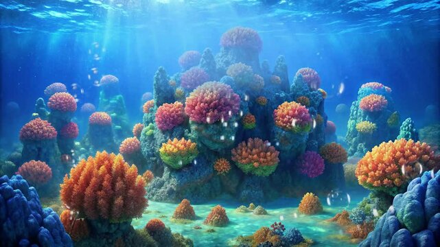 beautiful coral rocks in the sea with water bubbles and sunlight entering the water