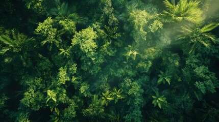 Aerial view of a lush, green forest with diverse foliage and sunlight filtering through.
