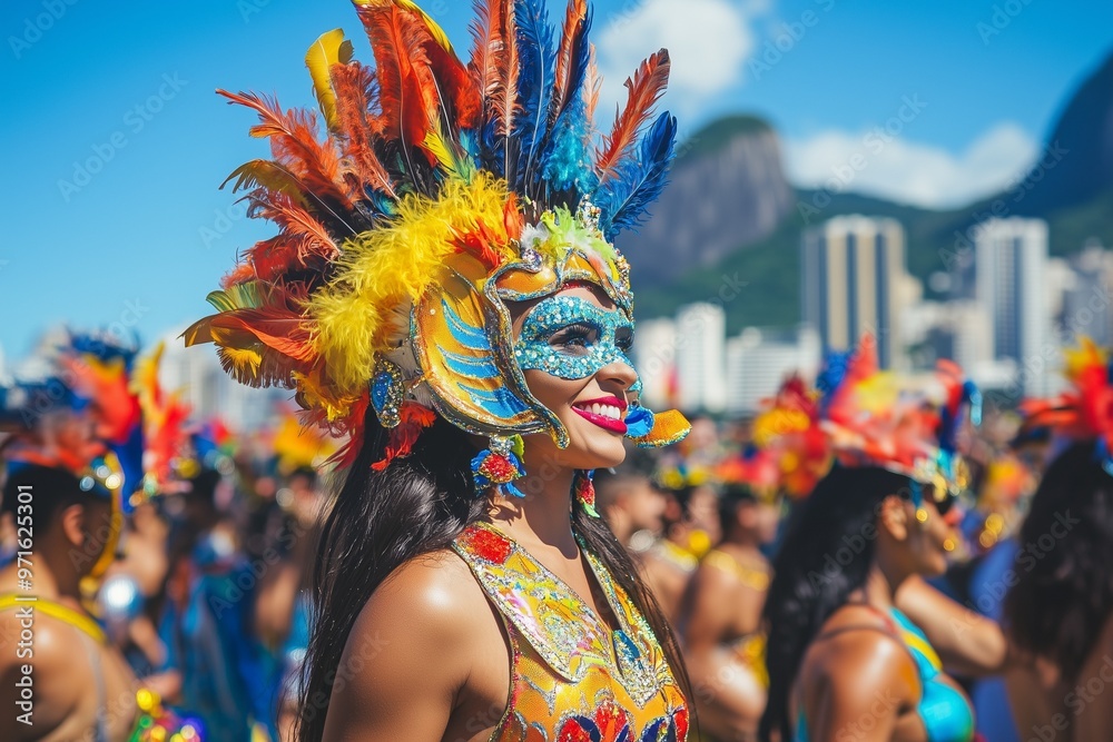 Wall mural People in bright costumes and masks at the Carnival in Rio de Janeiro, Brazil.