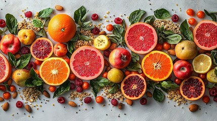   A table with various fruits, including apples, bananas, oranges, berries, and grapes The table is also adorned with leaves and nut-filled containers Additionally