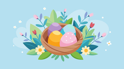 Easter Nest with Colorful Eggs and Floral Arrangement, Minimalistic Spring Design