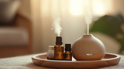 A wooden diffuser emits steam beside essential oil bottles on a tray in a cozy setting.