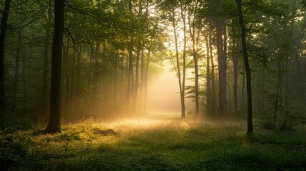 Fototapeta premium A serene forest scene illuminated by soft sunlight filtering through the trees.