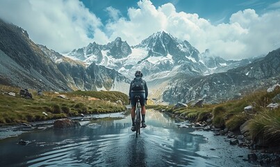 Fototapeta premium Rider driving bicycle in the mountains