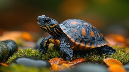 Obraz premium A clear shot of a tiny turtle resting on a bed of lush moss with boulders in the foreground and a hazy backdrop