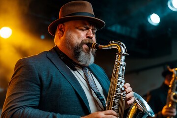 A husky in a jazz band, wearing a fedora and playing the saxophone under a spotlight in a smoky club
