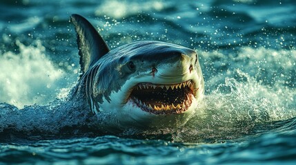 Obraz premium Jaws. A large, ferocious shark emerges powerfully from tumultuous ocean waves.