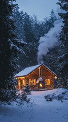 A cozy winter cabin adorned with twinkling Christmas lights, surrounded by snow