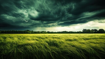 A dramatic landscape showcasing a stormy sky over a lush green field with lightning.