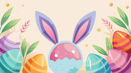 Obraz premium Easter Bunny Ears with Colorful Eggs and Leaves, Abstract Pastel Background with Copy Space