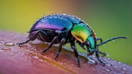 Naklejka premium A close-up of a colorful beetle with water droplets on its body.