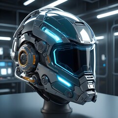 Fototapeta premium helmet with a transparent visor showing intricate internal mechanics, advanced breathing apparatus with LED indicators, displayed in a high-tech 