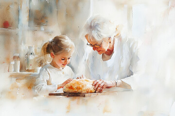 Grandma bakes Christmas cake in the kitchen, granddaughter helps grandma, warm family holiday, watercolor poster with wishes of Merry Christmas and Happy New Year