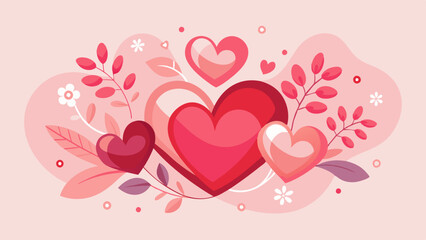 Pink Hearts and Flowers, Decorative Romantic Illustration